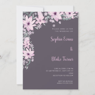Pretty Pink Flowers Romantic Smoke Grey Wedding Invitation