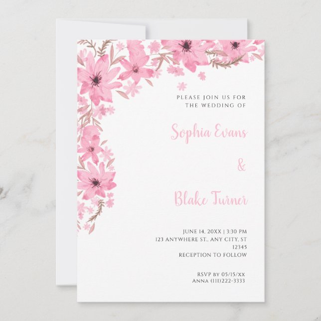 Pretty Pink Flowers Romantic White Wedding Invitation (Front)