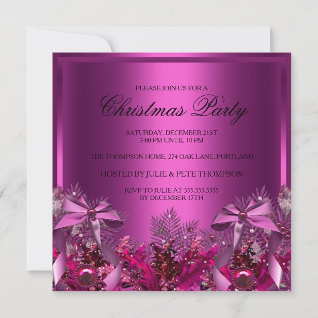 Pretty Pink Foliage & Bow Christmas Party Invite (Front)