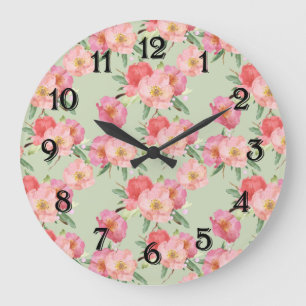Pretty Pink Garden Flowers Watercolor Large Clock