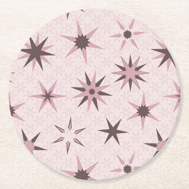 Pretty Pink Geo Stars - pattern.  Round Paper Coaster (Front)