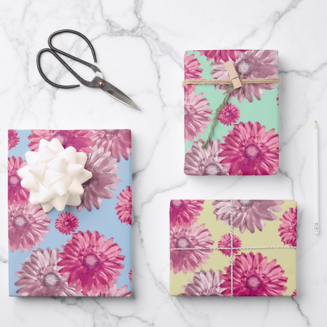 Pretty pink gerbera daisy flowers floral wrapping paper sheet (Front)