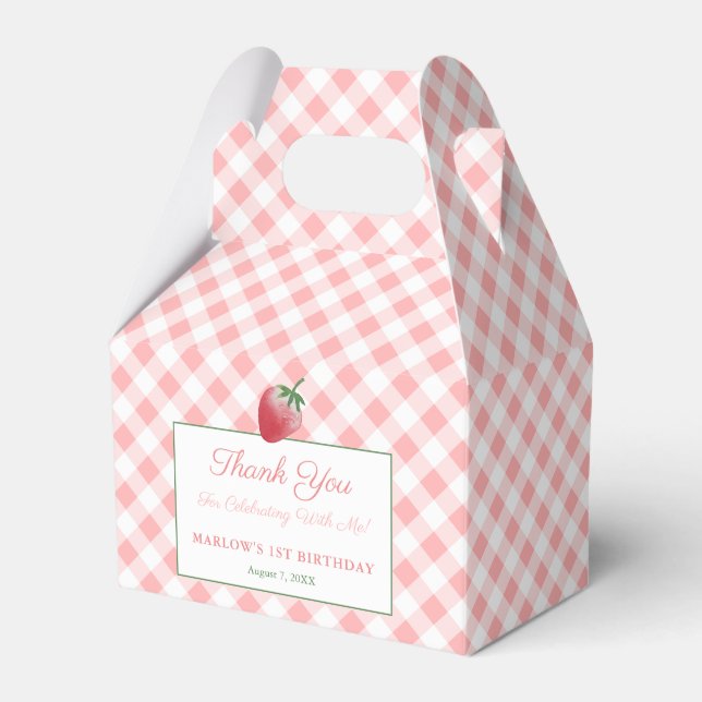 Pretty Pink Gingham Strawberry Picnic Birthday Favour Box (Front Side)