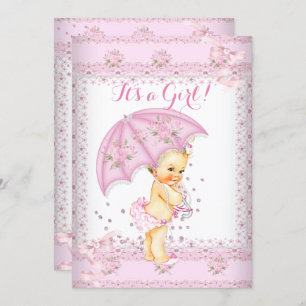 Pretty Pink Girl Baby Shower Floral Umbrella Blond Invitation