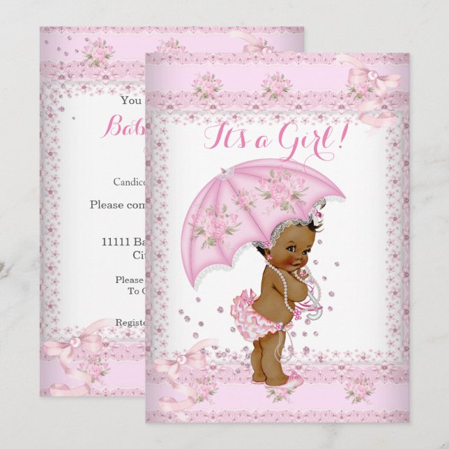 Pretty Pink Girl Baby Shower Floral Umbrella EAA Invitation (Front/Back)