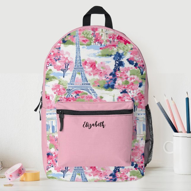 Pretty Pink Girls Eiffel Tower Floral Printed Backpack (A cute pink Paris Eiffel Tower girls school backpack. so fun for back to school.)