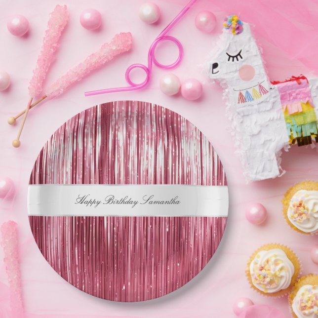 Pretty Pink Glam Tinsel Stripes Paper Plate (Party)