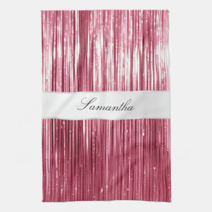 Pretty Pink Glam Tinsel Stripes Tea Towel