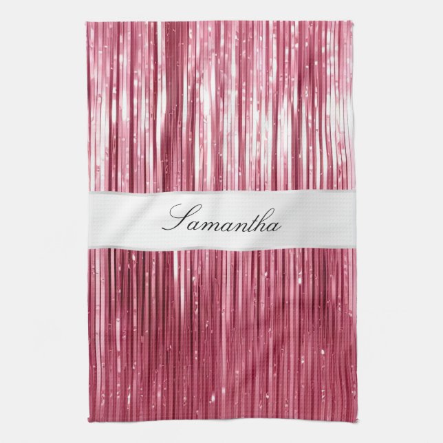 Pretty Pink Glam Tinsel Stripes Tea Towel (Vertical)