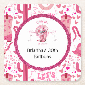 Pretty Pink & Glitter Cowgirl Birthday  Square Paper Coaster
