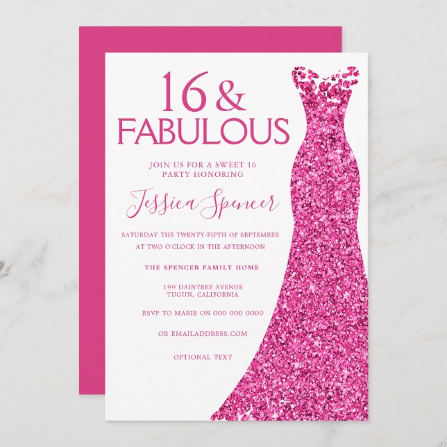 Pretty Pink Glitter Dress Sweet 16 Party Invitation (Front/Back)