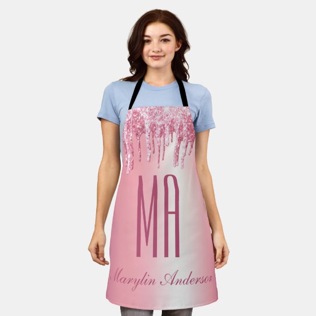 PRETTY PINK GLITTER DRIP CUSTOM NAME MONOGRAM APRON (Worn)