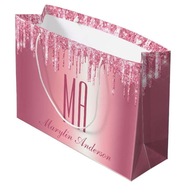 PRETTY PINK GLITTER DRIP CUSTOM NAME MONOGRAM LARGE GIFT BAG (Back Angled)