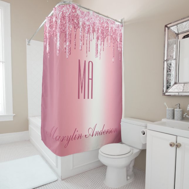 PRETTY PINK GLITTER DRIP CUSTOM NAME MONOGRAM SHOWER CURTAIN (In Situ)