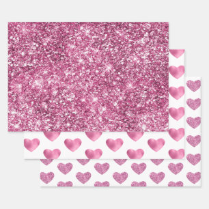 Pretty Pink Glitter Glam Heart Birthday Wrapping Paper Sheet