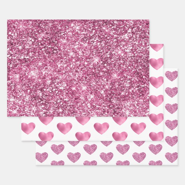 Pretty Pink Glitter Glam Heart Birthday Wrapping Paper Sheet (Set)