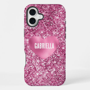 Pretty Pink Glitter Glam Heart iPhone 16 Plus Case