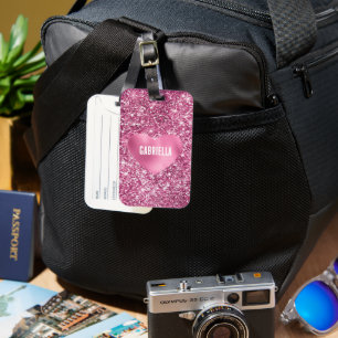 Pretty Pink Glitter Glam Heart Luggage Tag