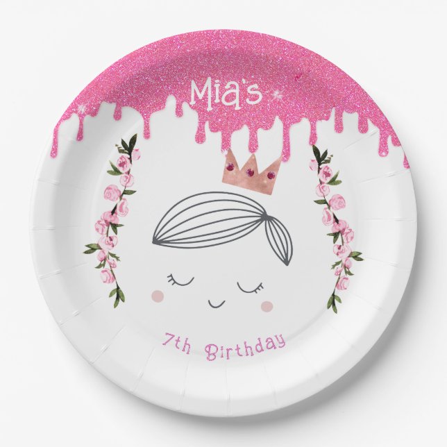 Pretty Pink Glitter Princess Girls Birthday Paper Plate (Front)