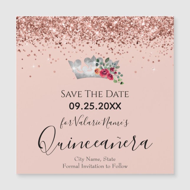 Pretty Pink Glitter Quinceanera Save the Date Magn (Front)