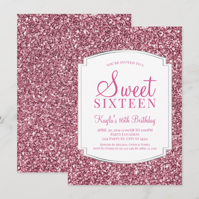 Pretty Pink Glitter Sweet 16 Invitations (Front/Back)