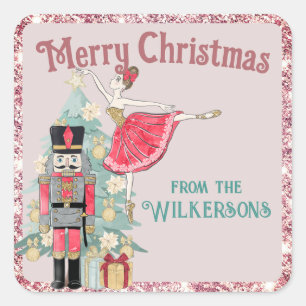 Pretty Pink Glitter & Teal Nutcracker Christmas Square Sticker