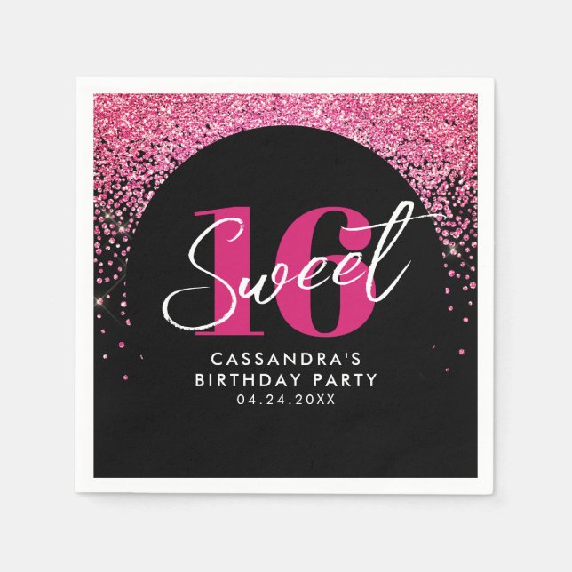 Pretty Pink Glitters Sweet Sixteen Birthday Party Napkin (Front)