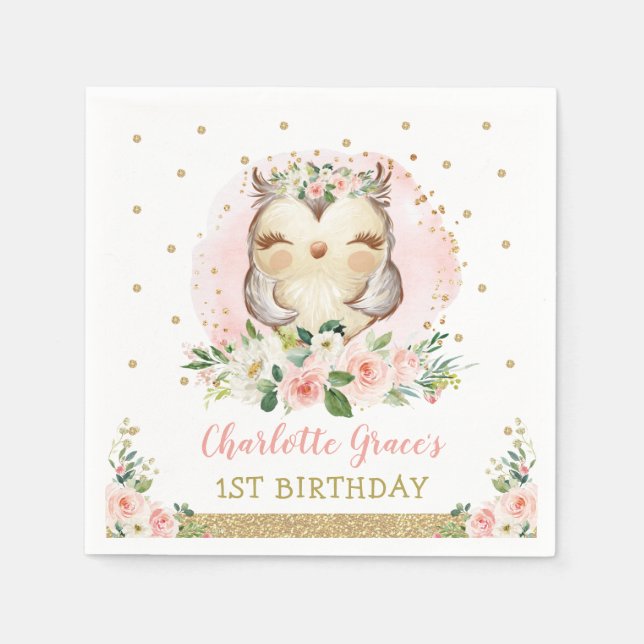 Pretty Pink Gold Baby Owl Girls Birthday Favours Napkin (Front)