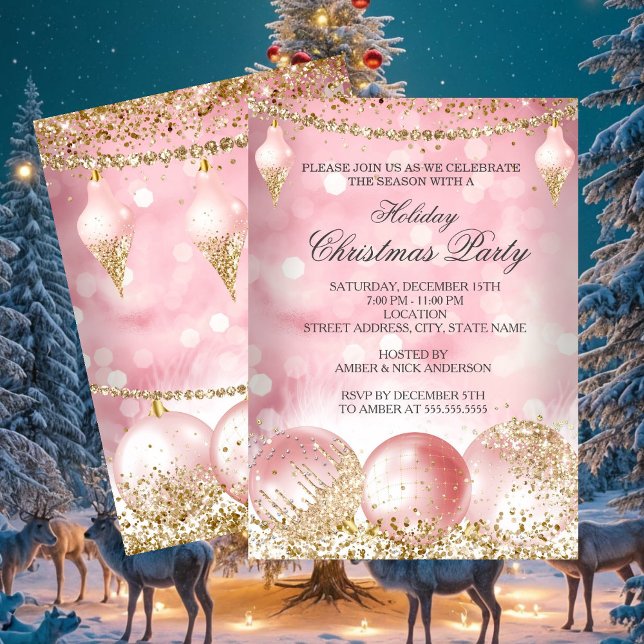 Pretty Pink Gold Bauble Holiday Christmas Party Invitation (Creator Uploaded)