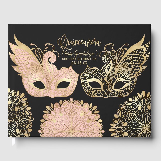 Pretty Pink Gold Black Masquerade Mask Quinceañera Guest Book (Front)