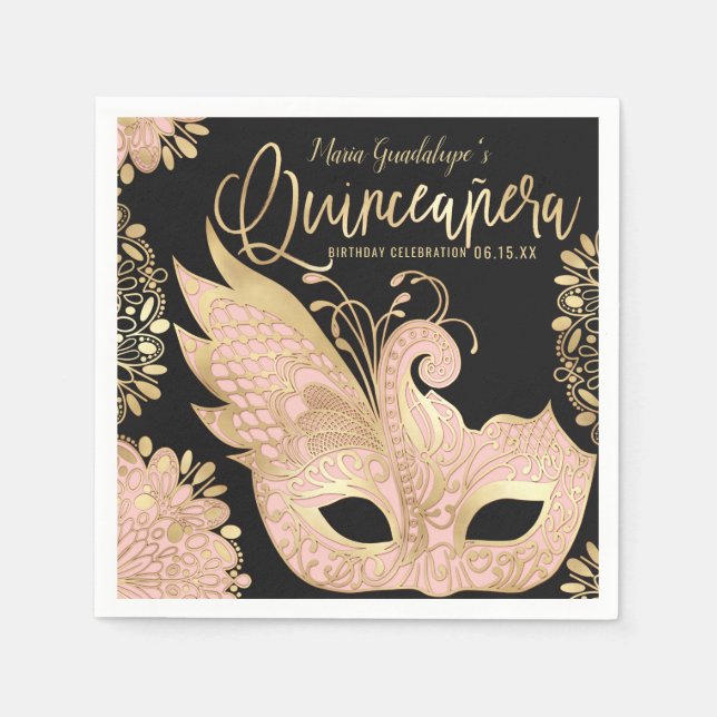 Pretty Pink Gold Black Masquerade Mask Quinceañera Napkin (Front)