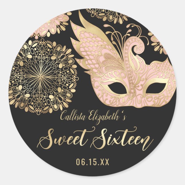 Pretty Pink Gold Black Masquerade Mask Sweet 16 Classic Round Sticker (Front)
