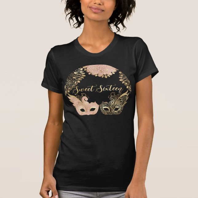 Pretty Pink Gold Black Masquerade Mask Sweet 16 T-Shirt (Front)