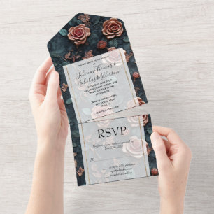 Pretty Pink Gold Blue Roses All In One Invitation
