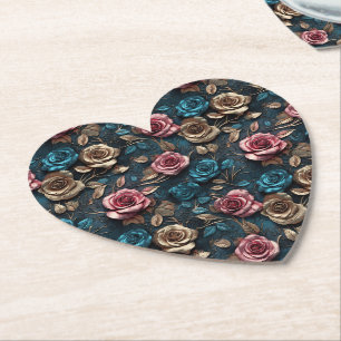 Pretty Pink Gold Blue Roses Paper Coaster