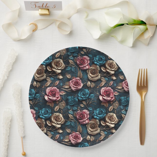 Pretty Pink Gold Blue Roses  Paper Plate (Wedding)
