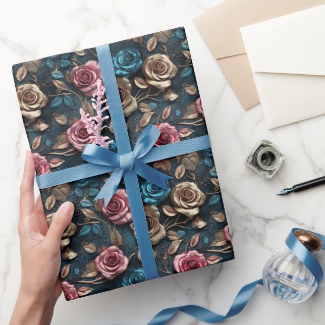 Pretty Pink Gold Blue Roses  Wrapping Paper (Gifting)