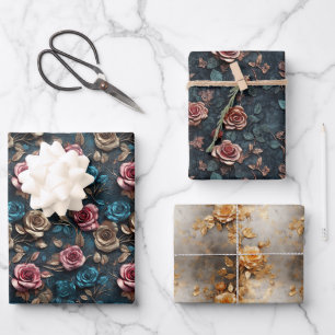 Pretty Pink Gold Blue Roses  Wrapping Paper Sheet