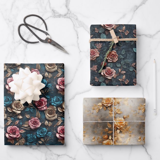 Pretty Pink Gold Blue Roses  Wrapping Paper Sheet (Front)