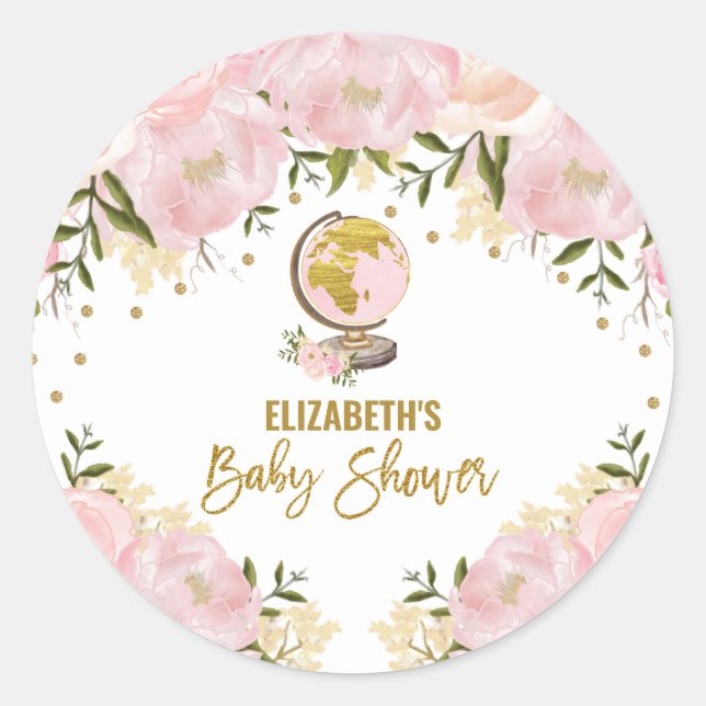 Pretty Pink Gold Floral Travel Baby Shower Favours Classic Round Sticker (Front)