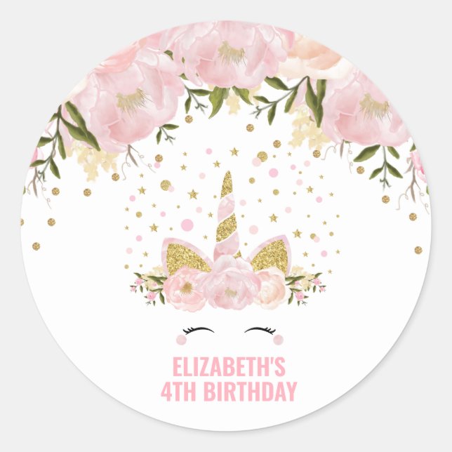 Pretty Pink Gold Floral Unicorn Birthday Favours Classic Round Sticker (Front)