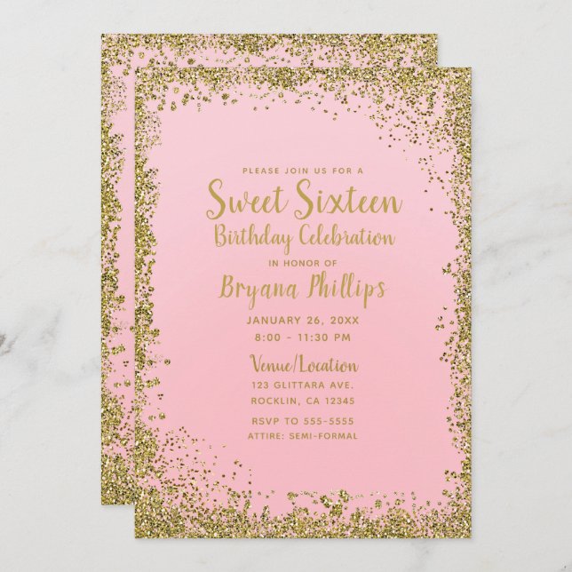 Pretty Pink & Gold Glitter Edge Sweet 16 Party Invitation (Front/Back)