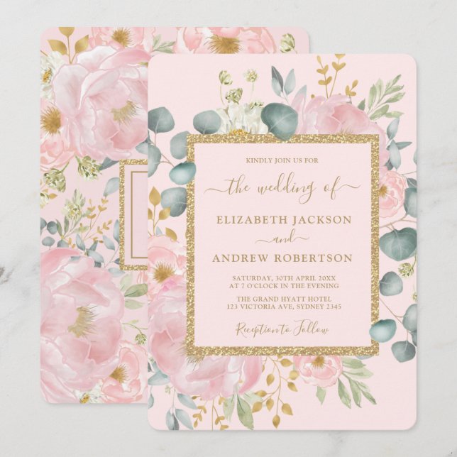 Pretty Pink Gold Watercolor Floral Luxury Wedding Invitation (Front/Back)