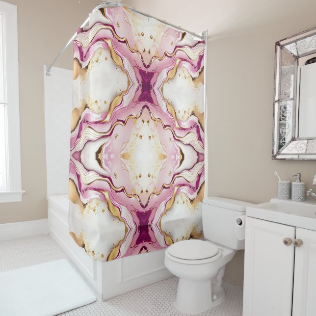 Pretty Pink Gold White Marble Shower Curtain (In Situ)