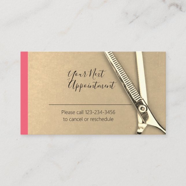 Pretty Pink Golden Scissor Appointment Reminder Business Card (Front)