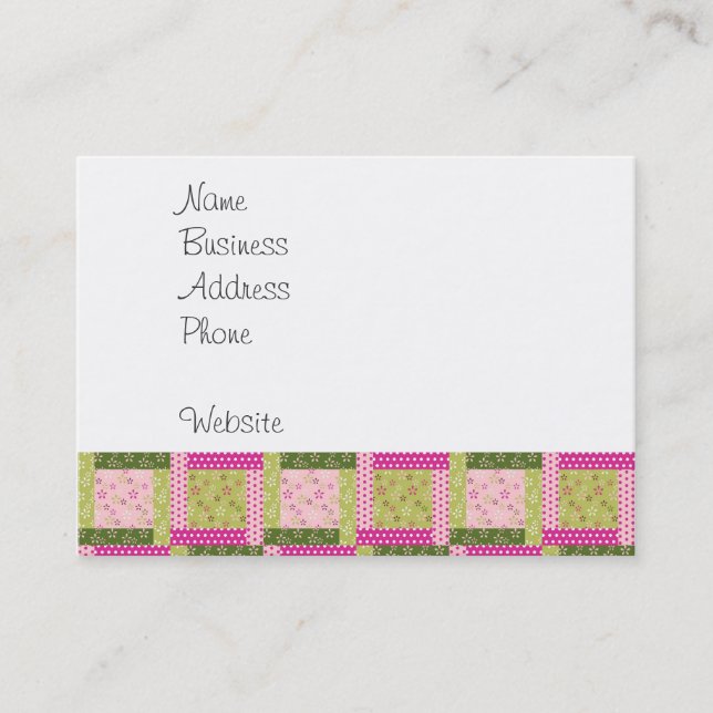 Pretty Pink Green Patchwork Squares Quilt Pattern Business Card (Front)