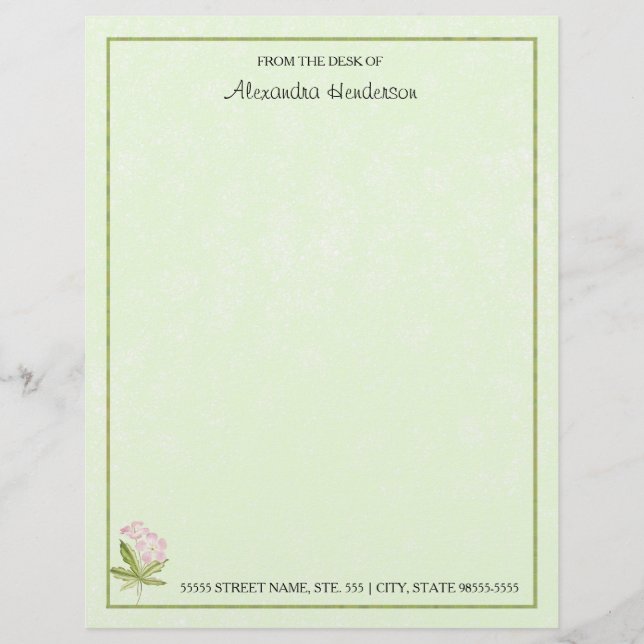 Pretty Pink Green Watercolor Wildflower With Name Custom Letterhead (Front)