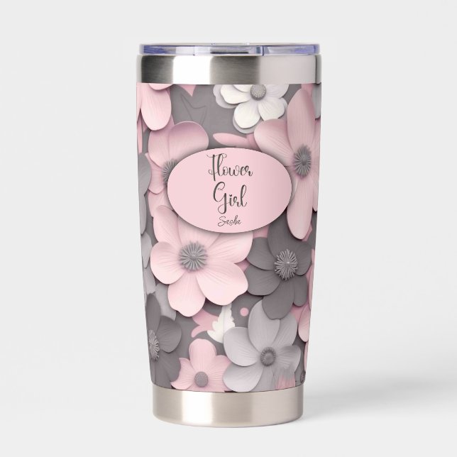 Pretty Pink-Grey 3D Poppies Flower Girl Insulated Tumbler (Front)
