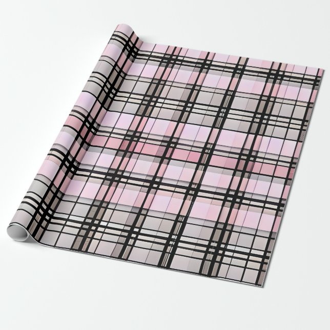 Pretty Pink, Grey and Black Plaid Gift Wrap (Unrolled)