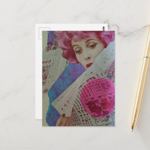 Pretty Pink Hair Retro Lady Mixed Media Collage Postcard